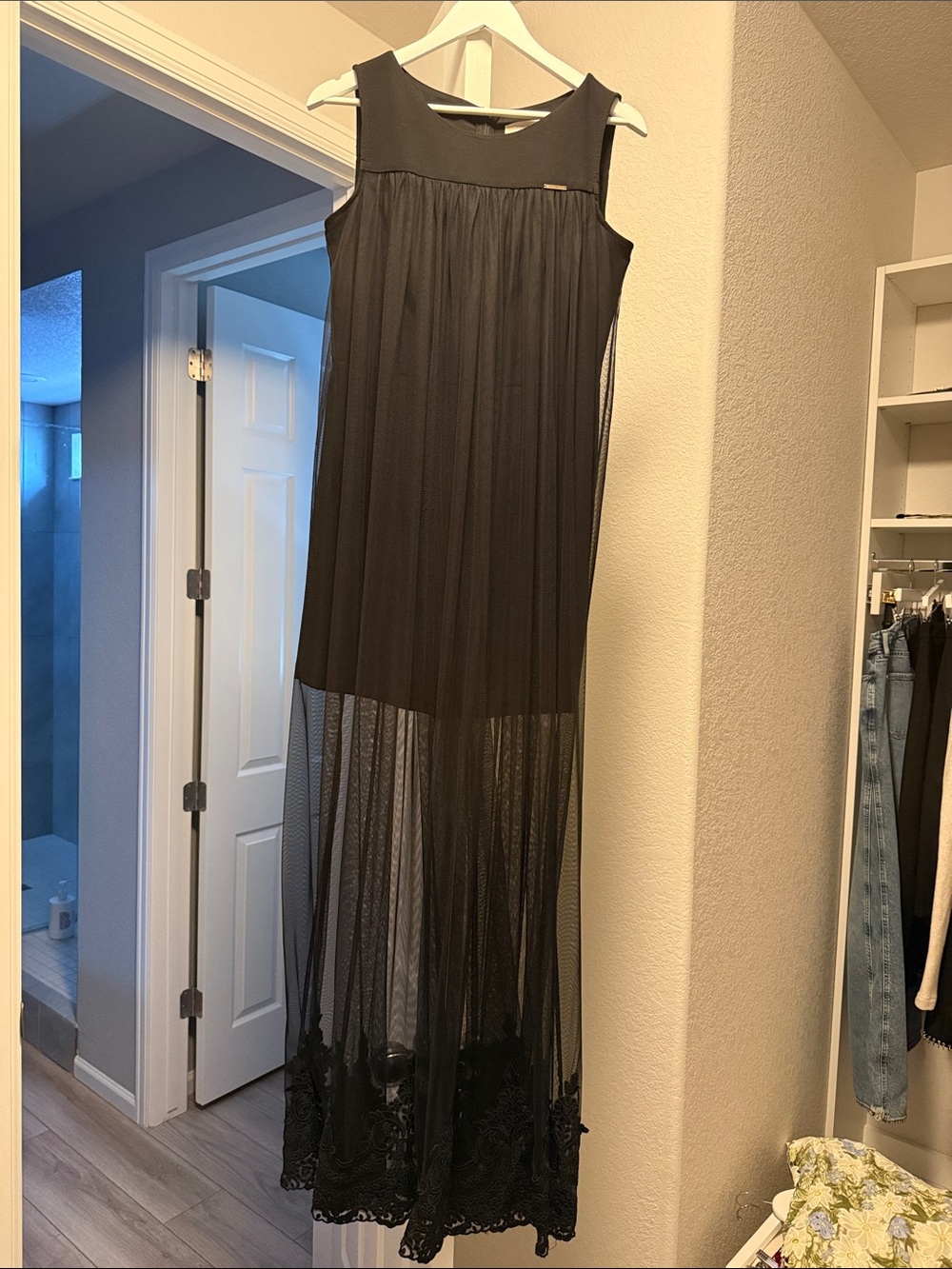 Sheer Black Maxi Dress with Lace Hem